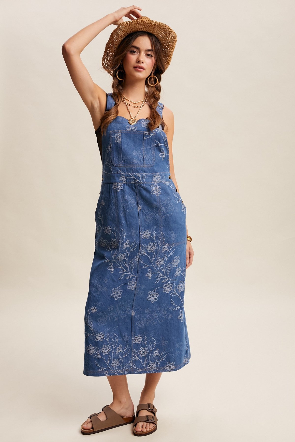 Denim Floral Embroidered Overalls, thumbnail 3