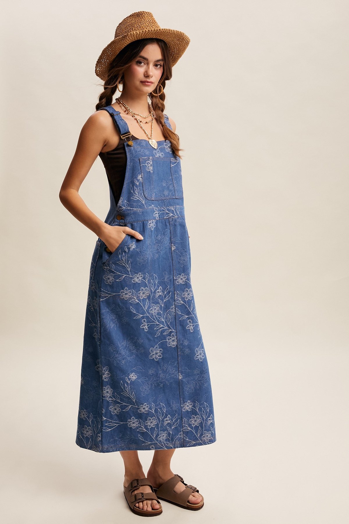 Denim Floral Embroidered Overalls, thumbnail 4