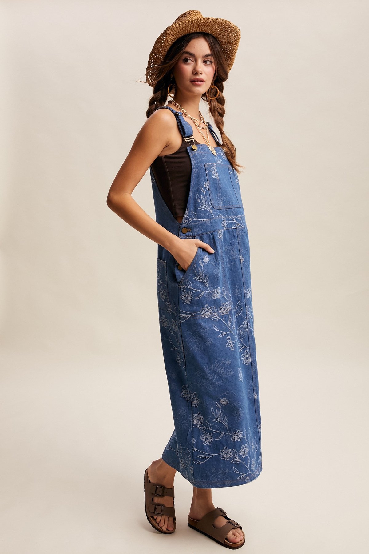 Denim Floral Embroidered Overalls, thumbnail 5