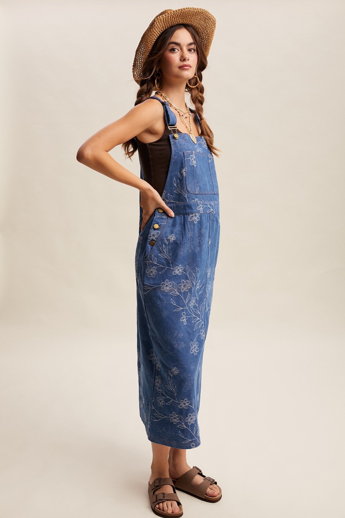 Denim Floral Embroidered Overalls, thumbnail 7