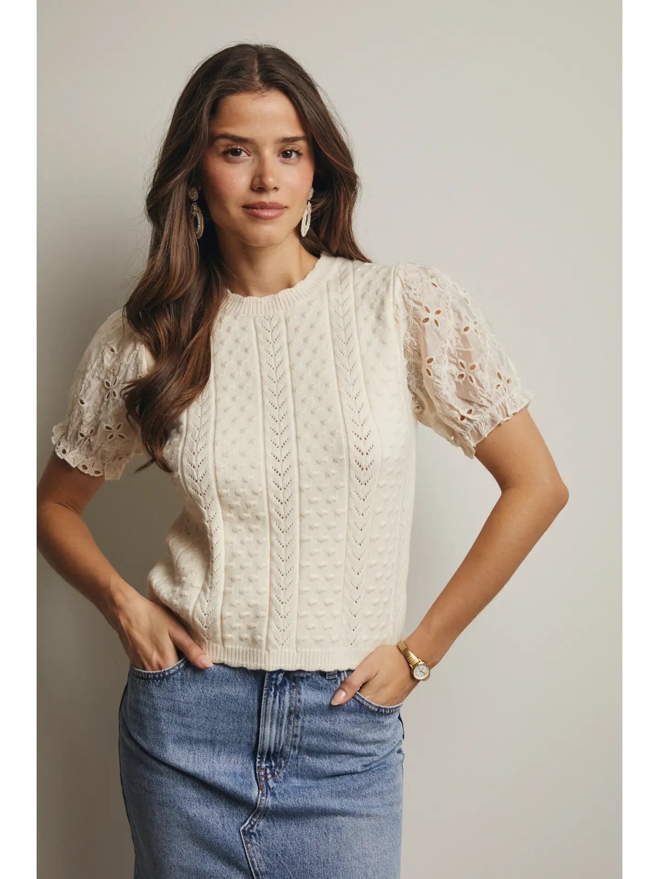 Eyelet Puff Sleeve Sweater, thumbnail 4