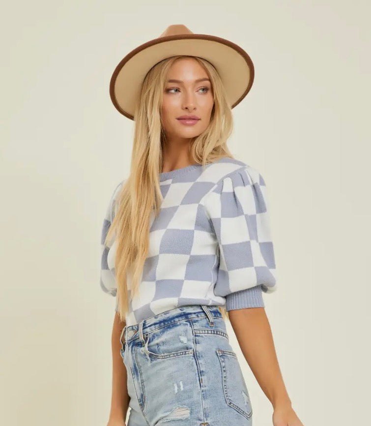 Checkered Knit Top with Puff Sleeves, alternate view