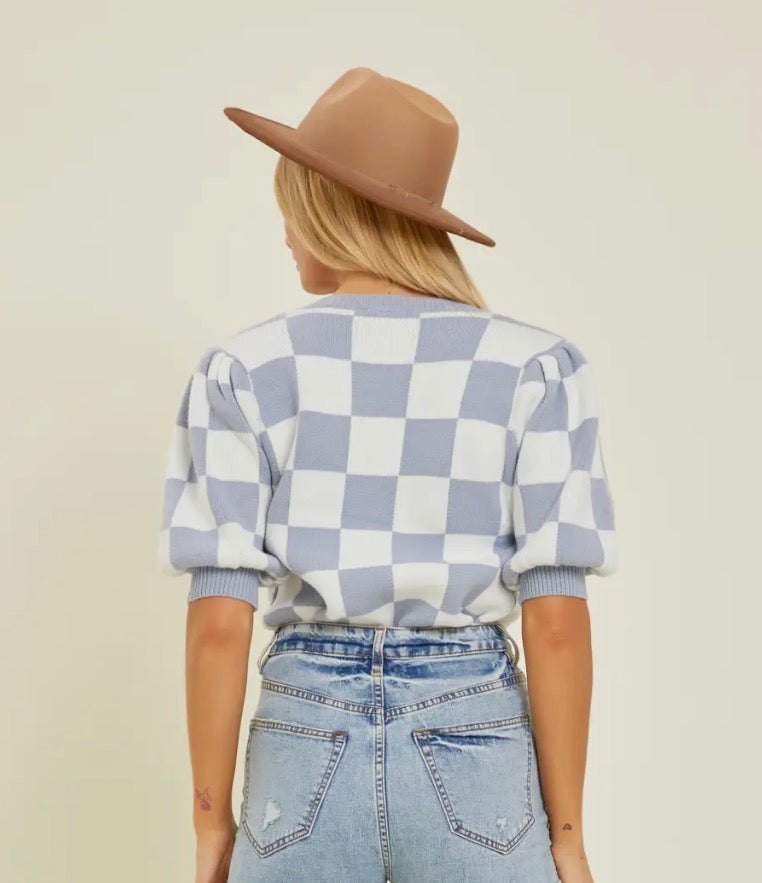 Checkered Knit Top with Puff Sleeves, thumbnail 3