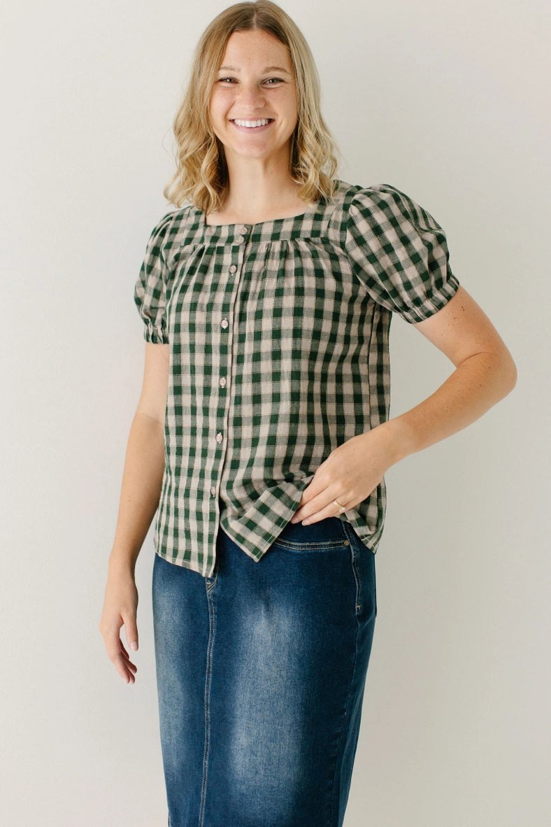 Green Gingham Puff Sleeve Top
