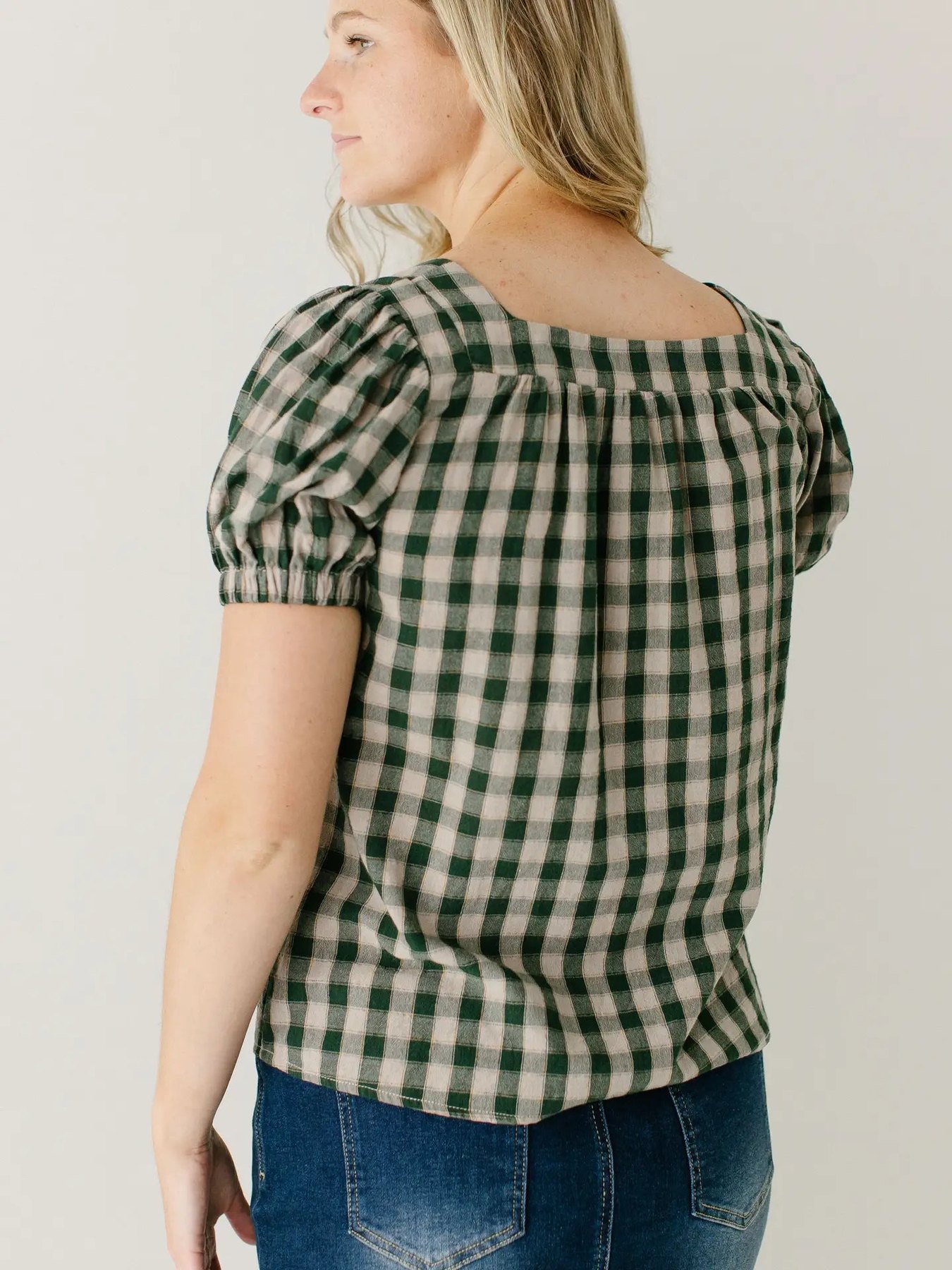 Green Gingham Puff Sleeve Top, thumbnail 3