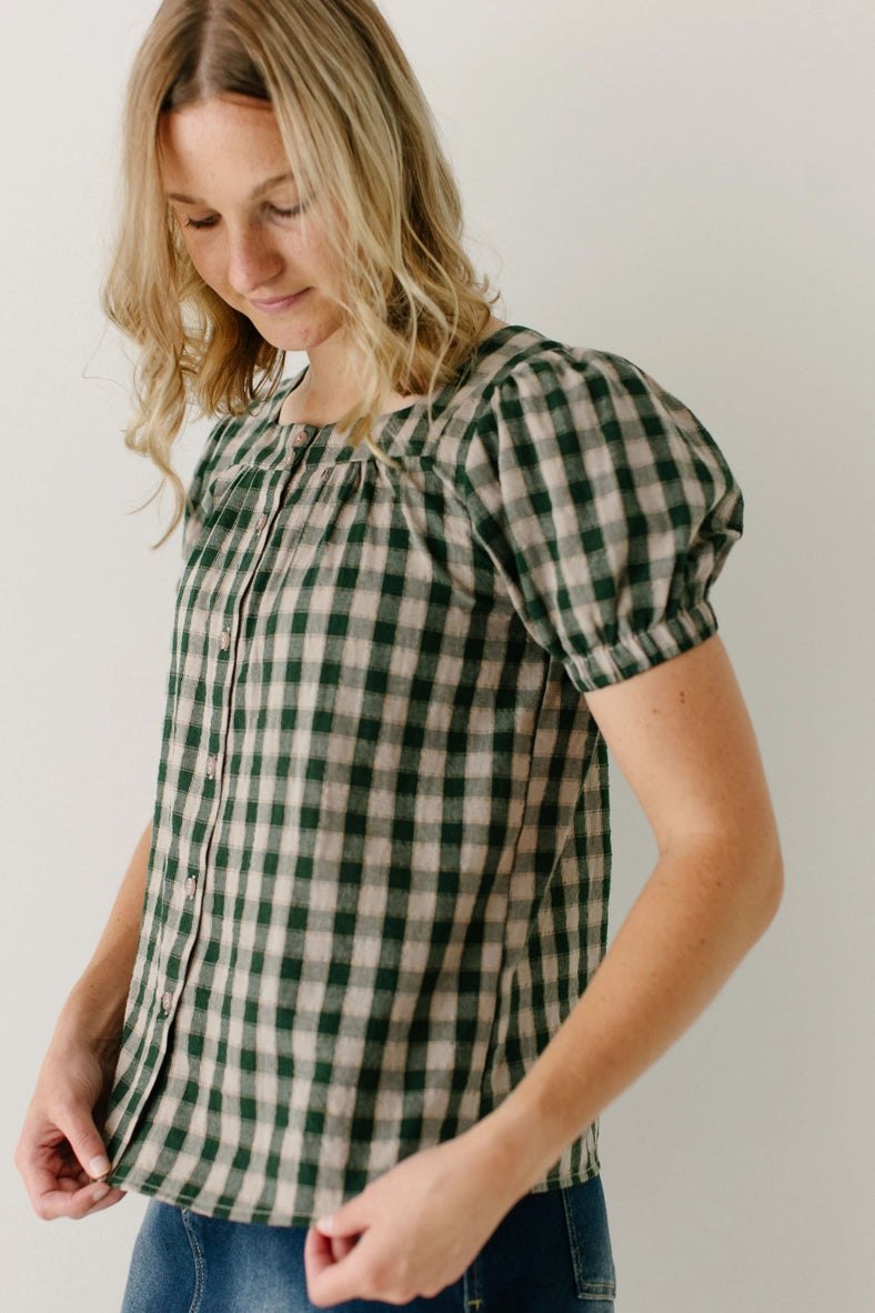 Green Gingham Puff Sleeve Top, thumbnail 4