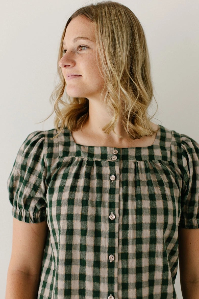 Green Gingham Puff Sleeve Top, thumbnail 5