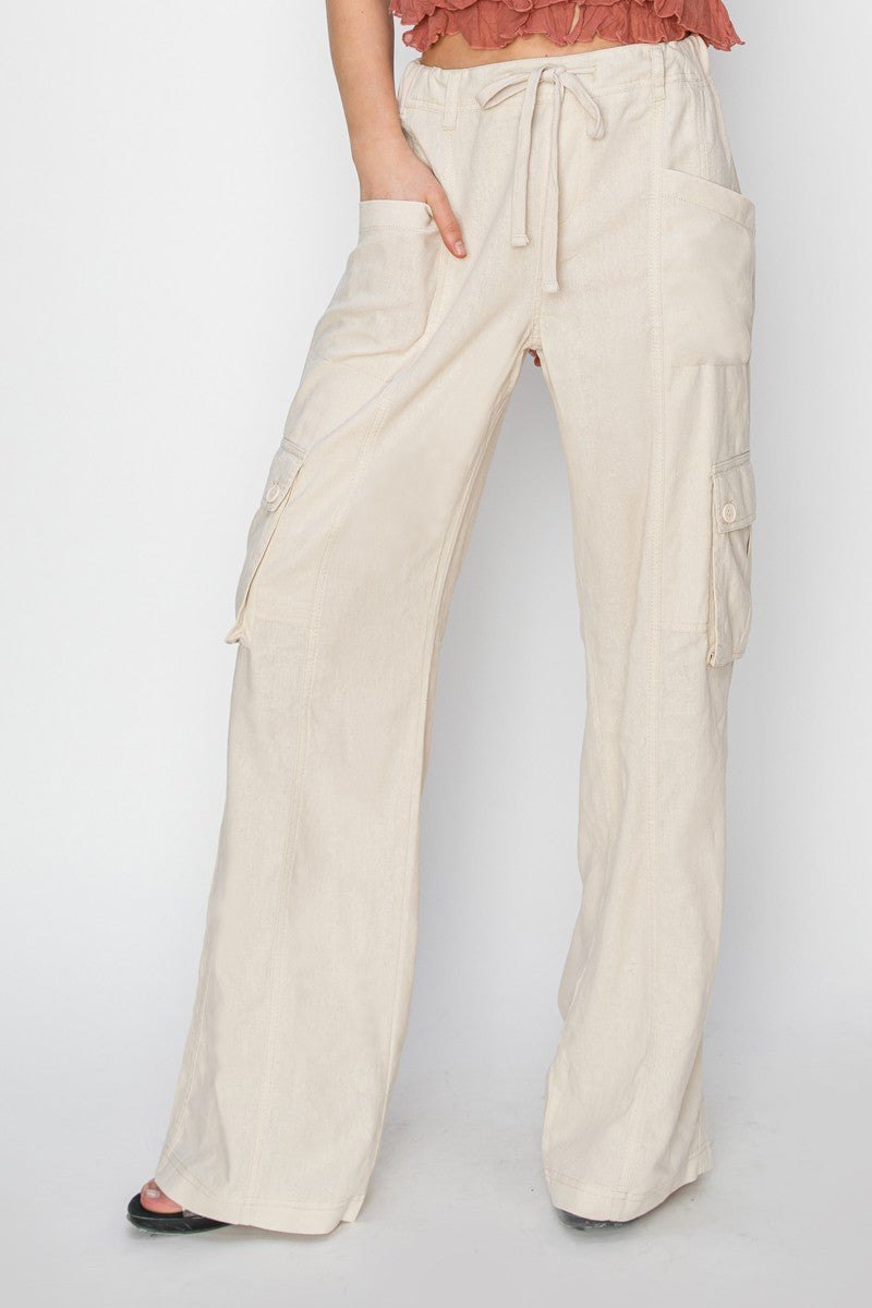 High rise tie wide cargo pant in khaki, alternate view