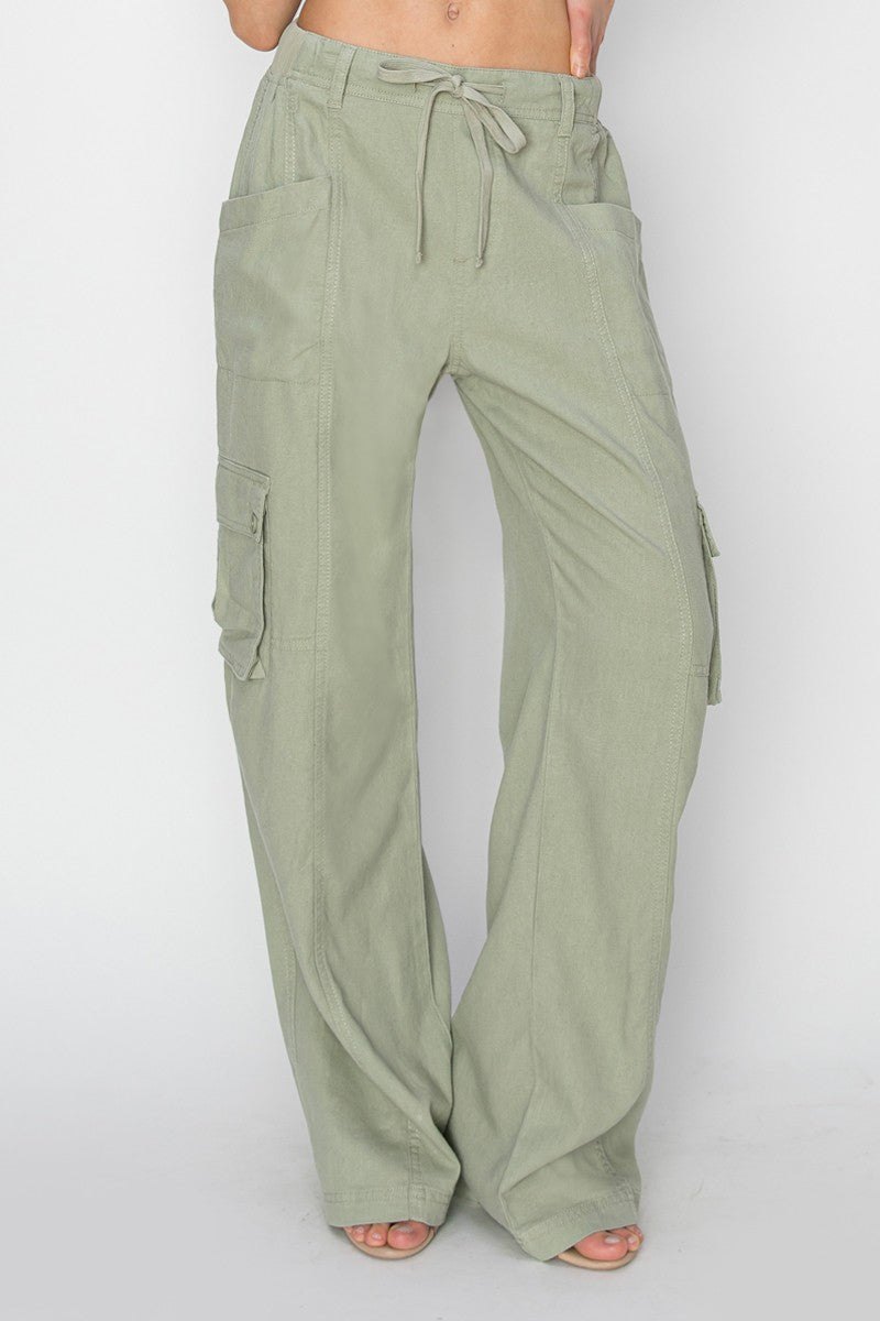 High rise tie wide cargo pant in sage