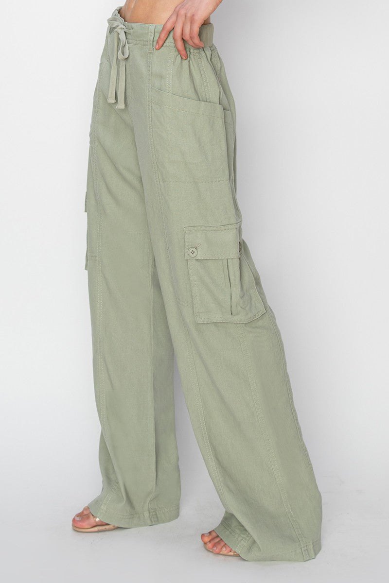 High rise tie wide cargo pant in sage, alternate view