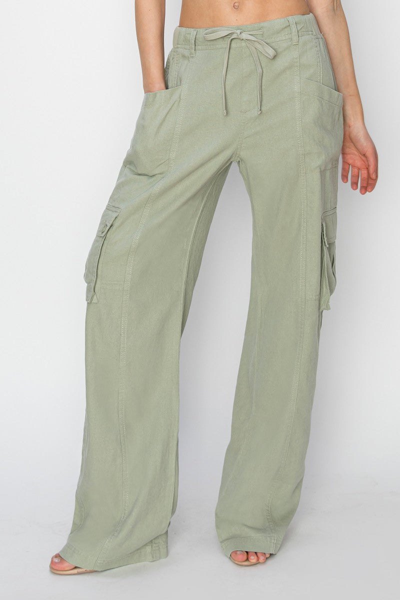High rise tie wide cargo pant in sage, thumbnail 3