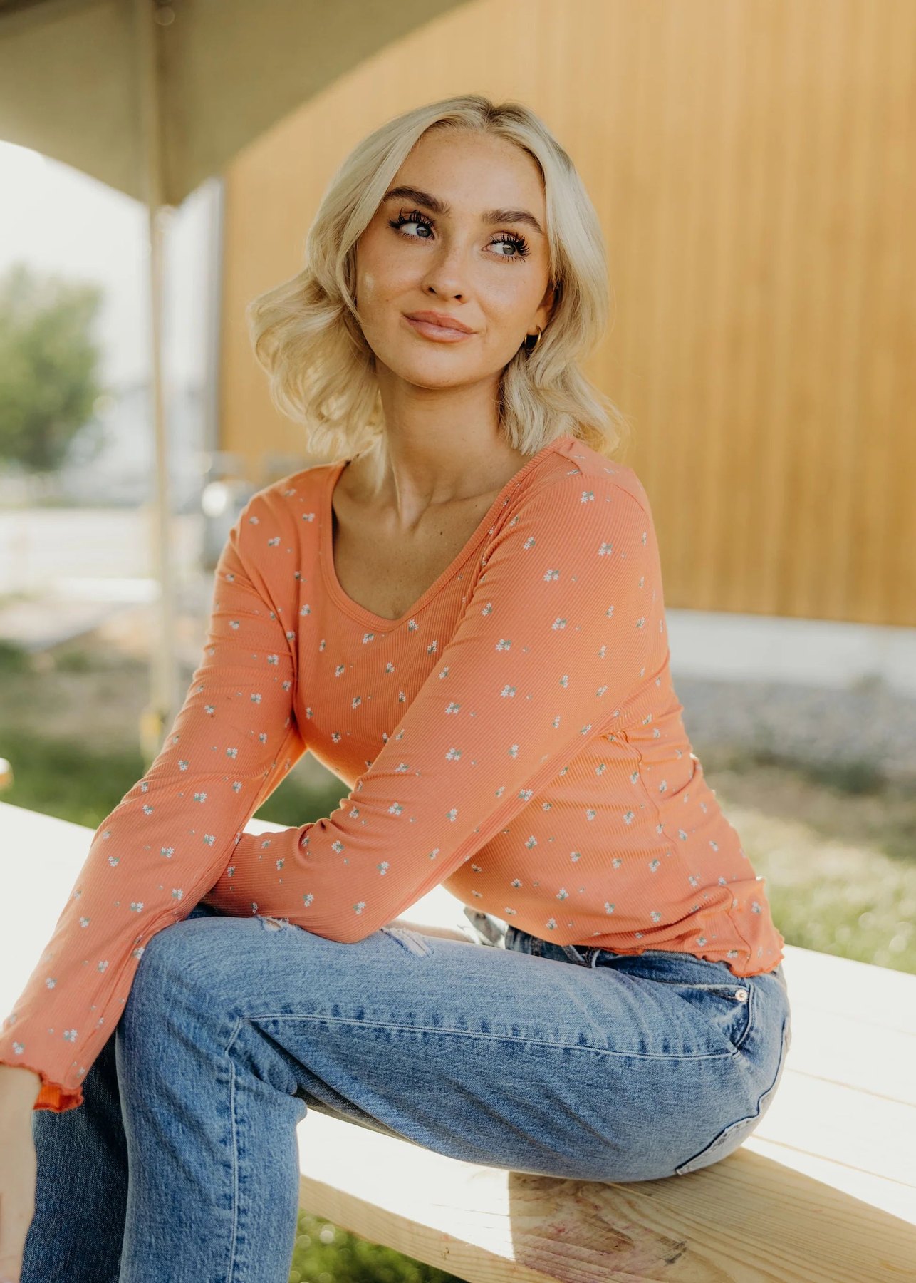 Long Sleeve Ribbed Tee in Tigerlily, alternate view