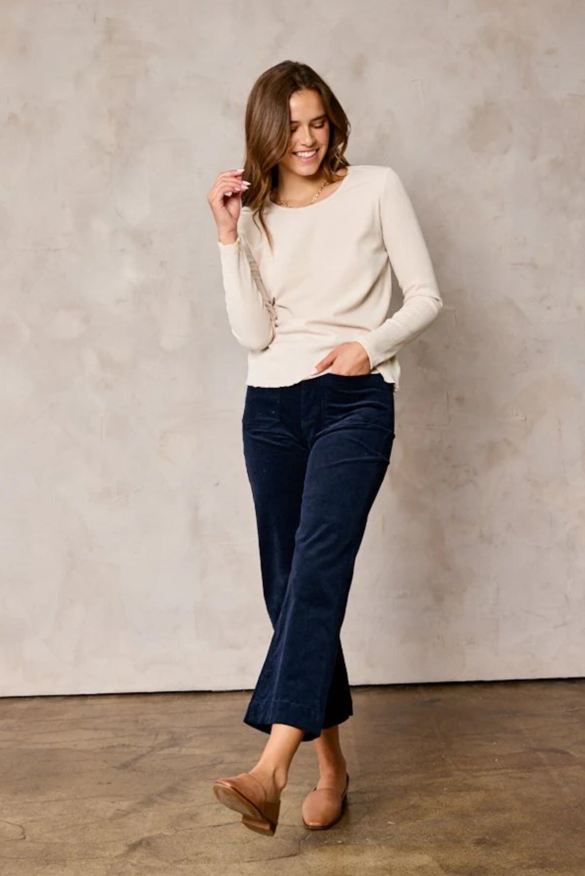 Navy Corduroy Wide Leg Crop Pants
