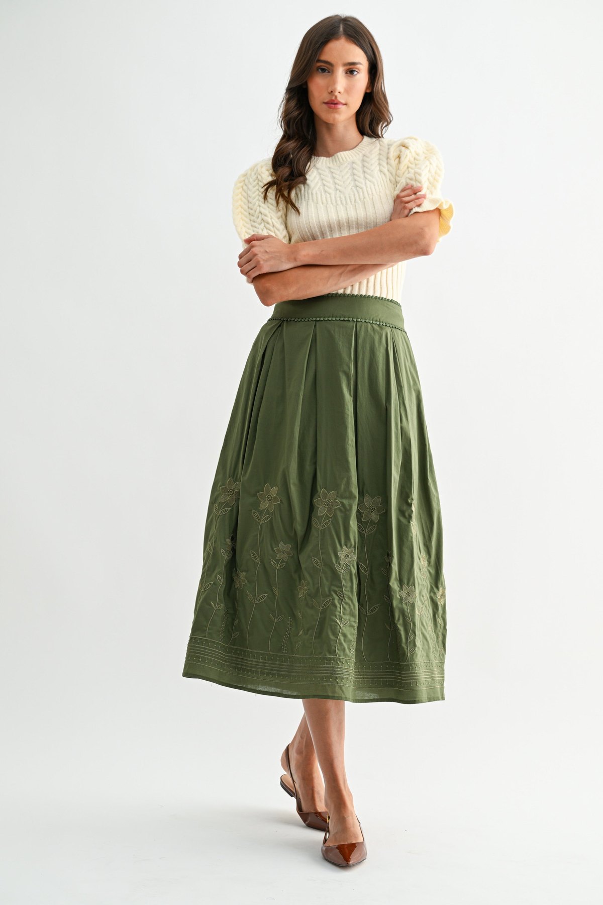 Olive Green Embroidered Midi Skirt