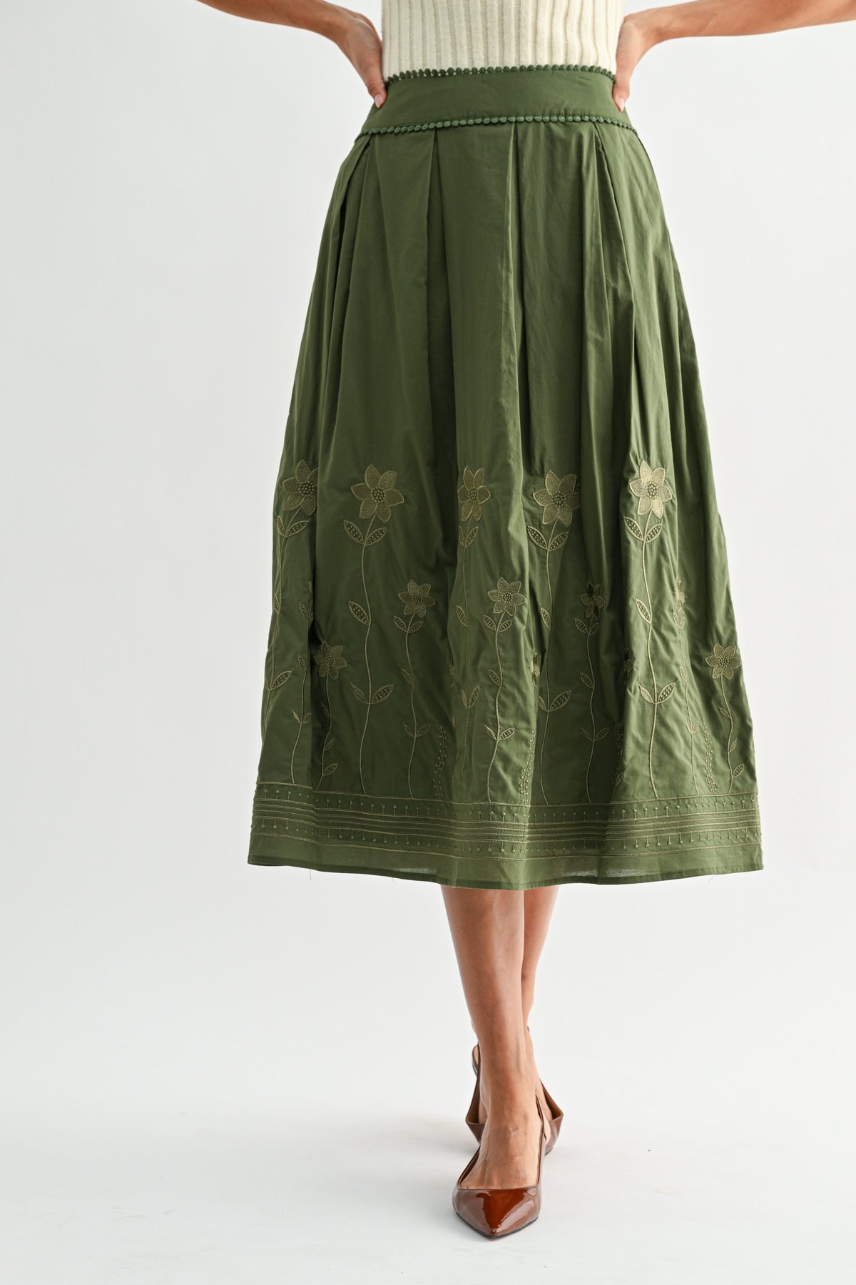 Olive Green Embroidered Midi Skirt, alternate view