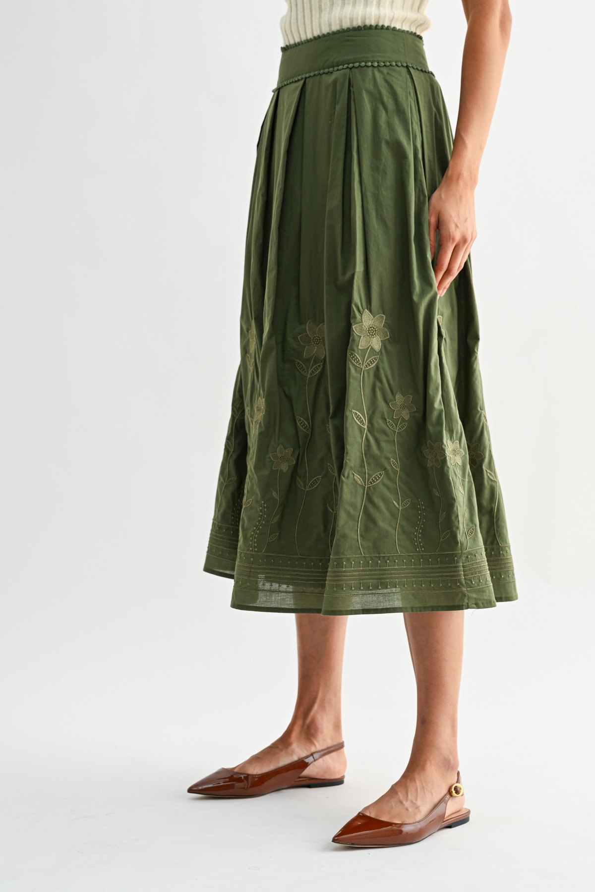 Olive Green Embroidered Midi Skirt, thumbnail 3