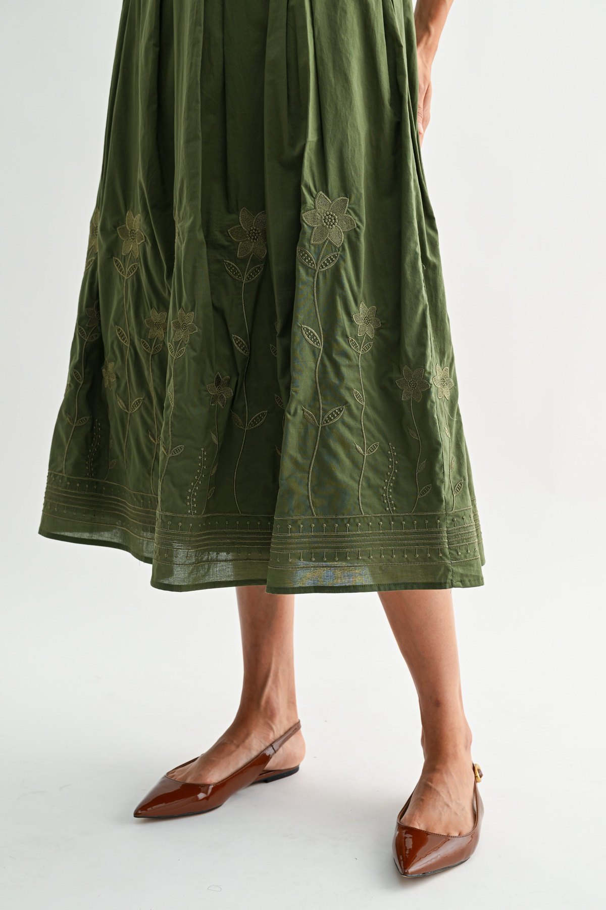 Olive Green Embroidered Midi Skirt, thumbnail 4