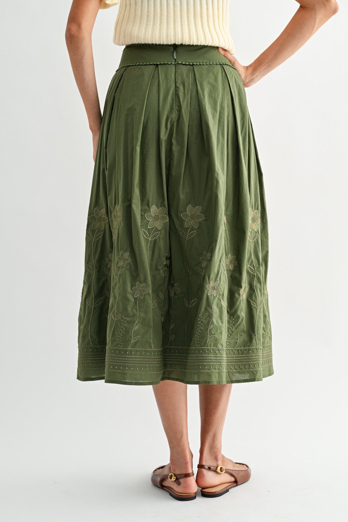 Olive Green Embroidered Midi Skirt, thumbnail 6