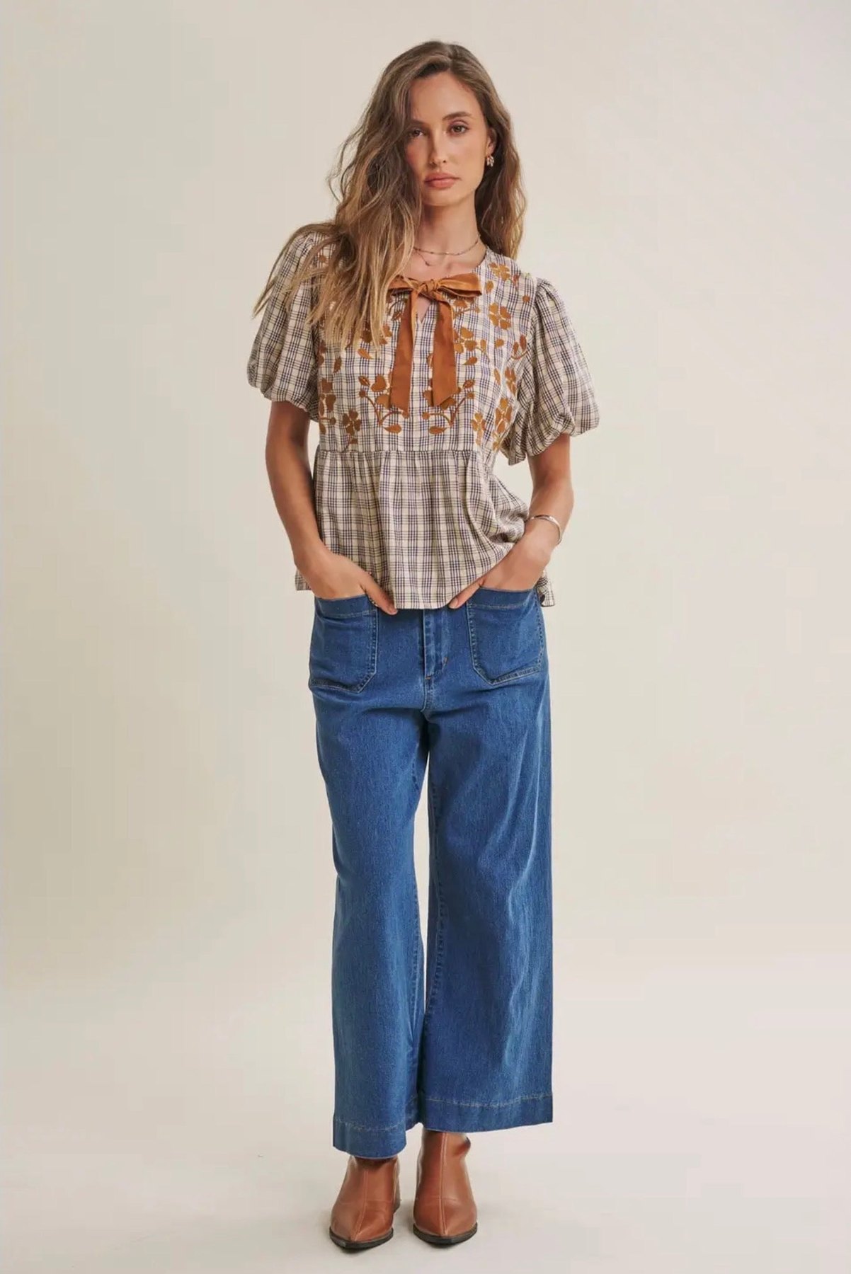 Plaid Embroidered Babydoll Blouse