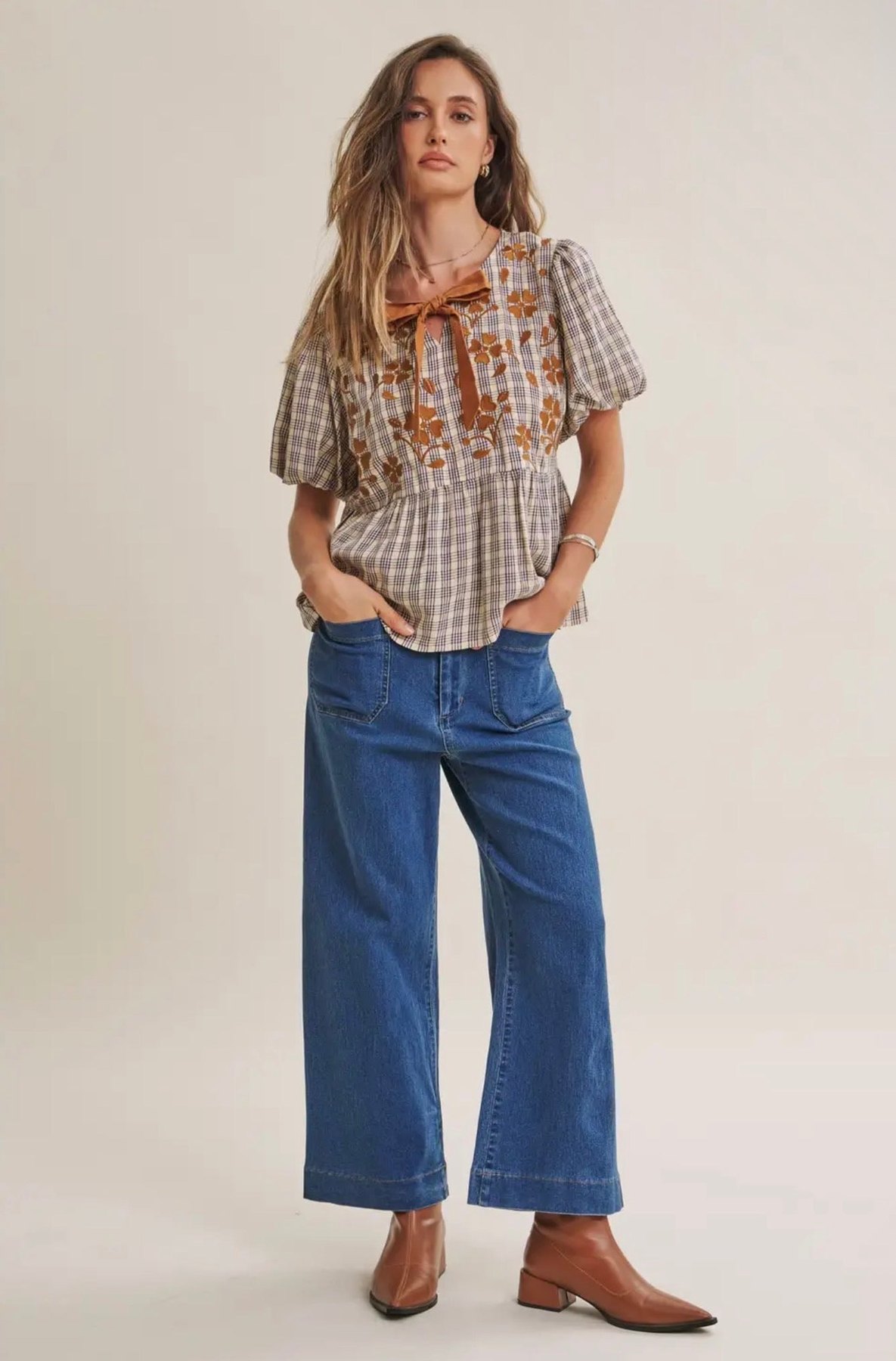Plaid Embroidered Babydoll Blouse, alternate view