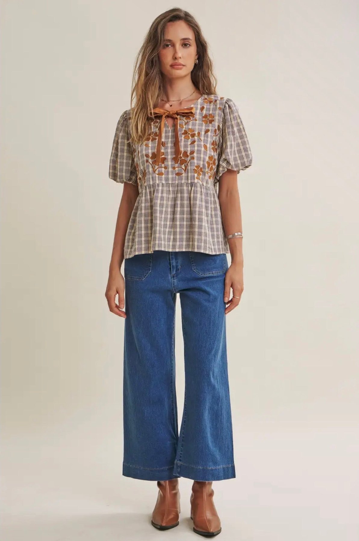 Plaid Embroidered Babydoll Blouse, thumbnail 3