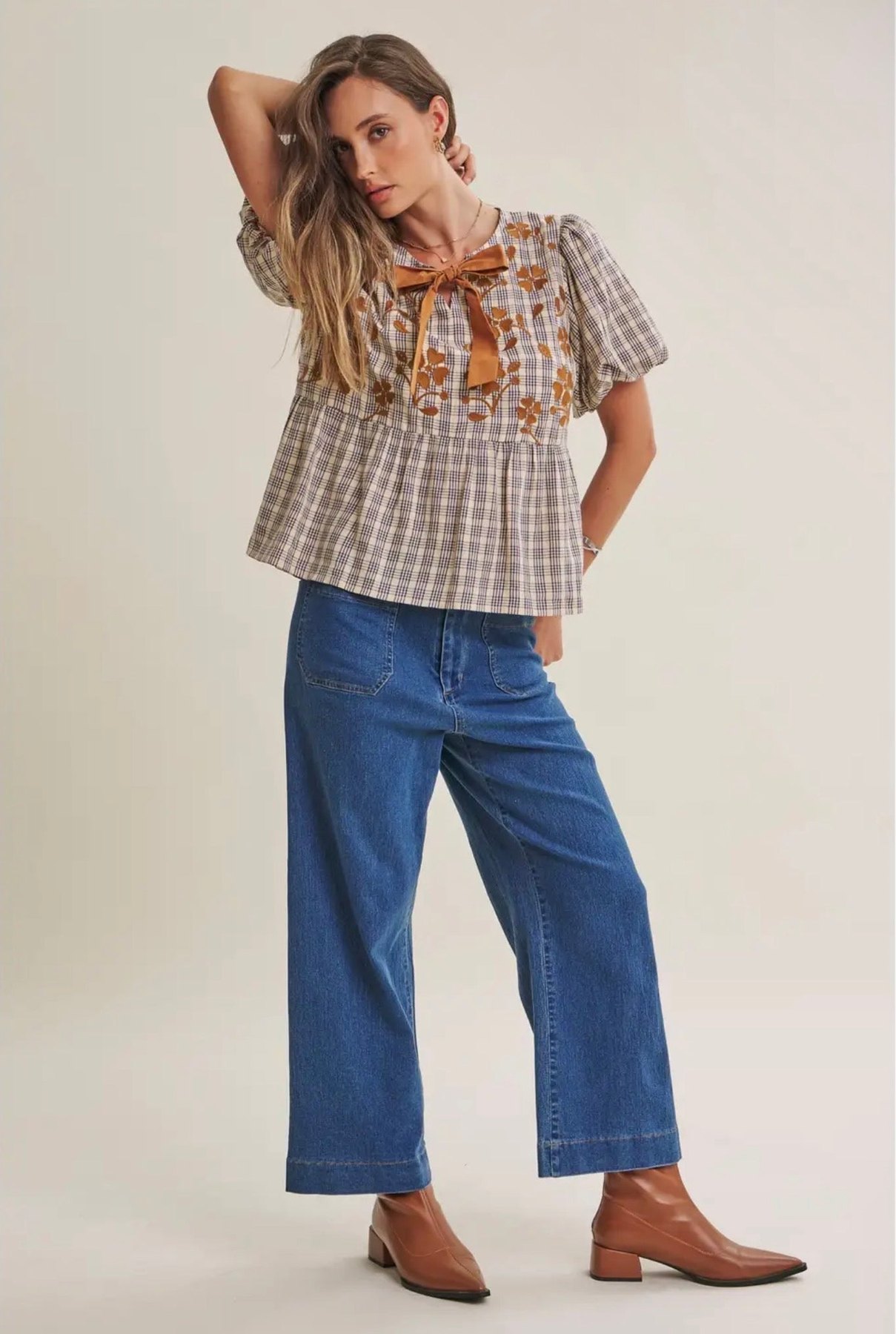 Plaid Embroidered Babydoll Blouse, thumbnail 4