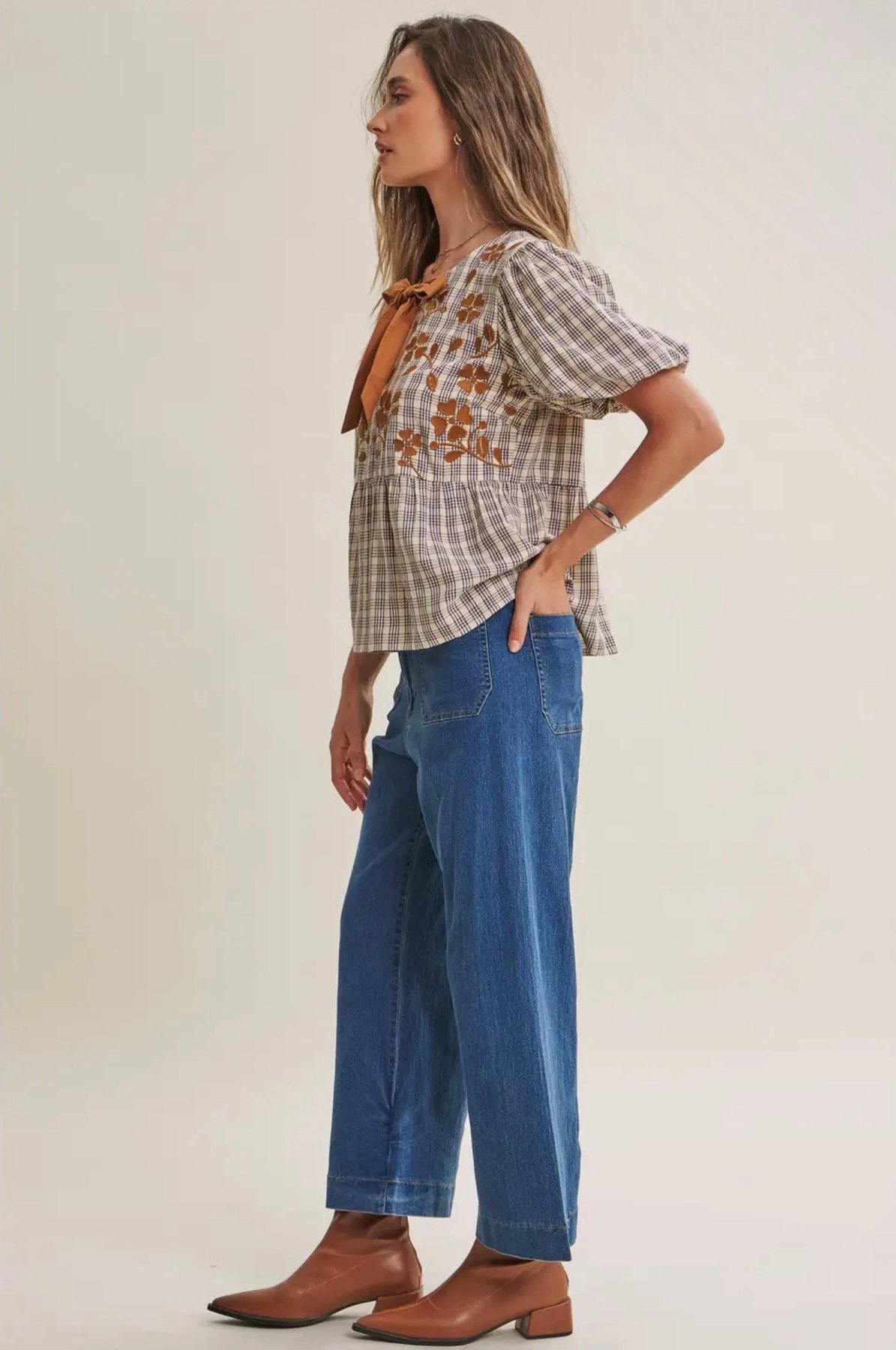Plaid Embroidered Babydoll Blouse, thumbnail 5