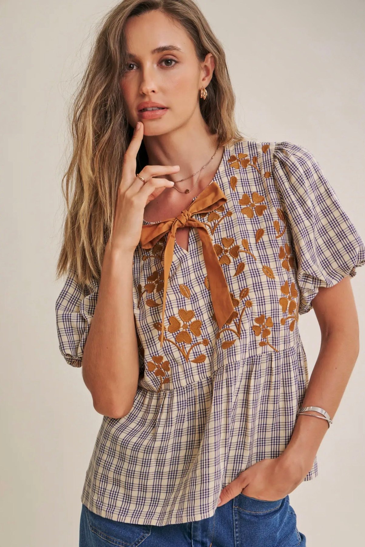Plaid Embroidered Babydoll Blouse, thumbnail 7