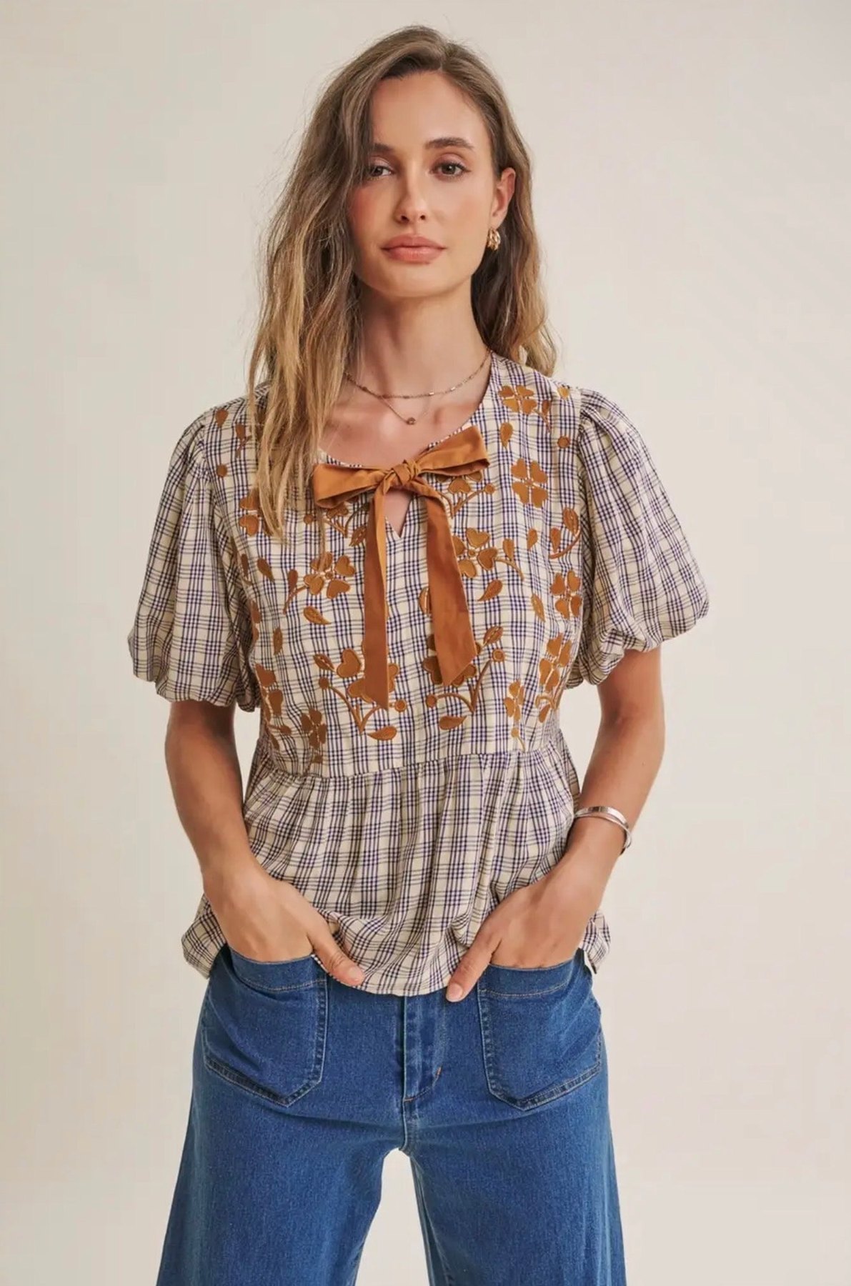 Plaid Embroidered Babydoll Blouse, thumbnail 8