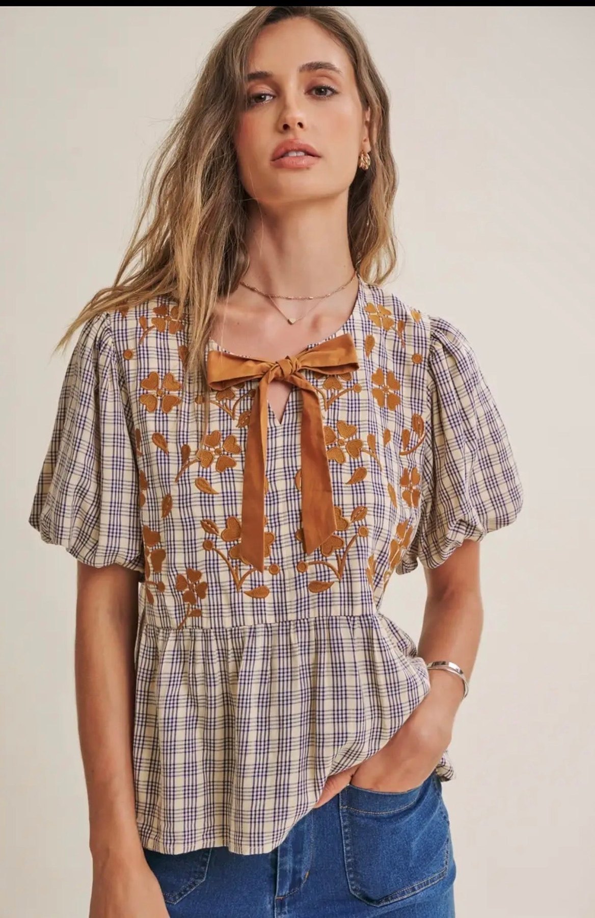 Plaid Embroidered Babydoll Blouse, thumbnail 9