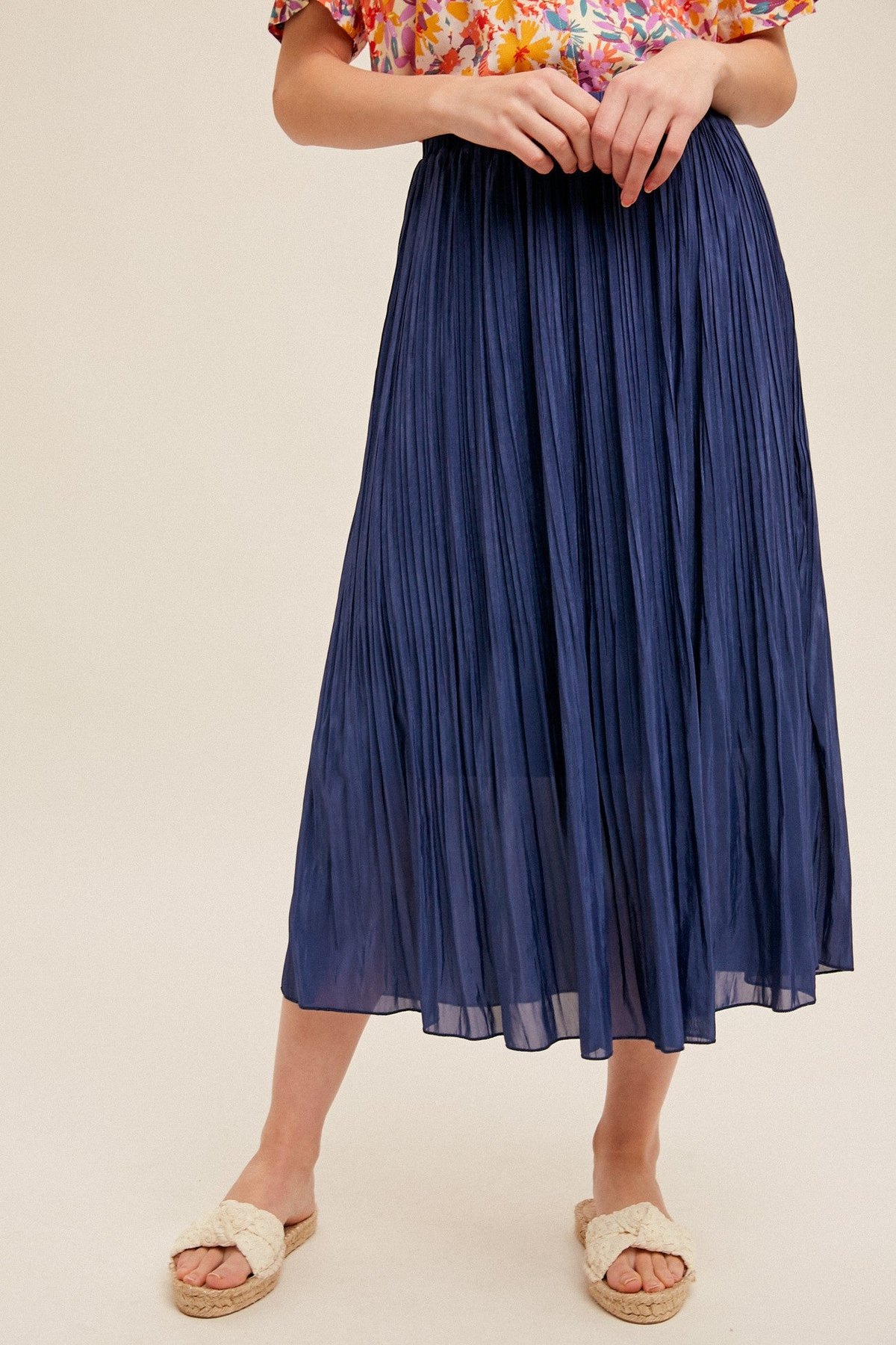 Deep Blue Pleated Midi Skirt