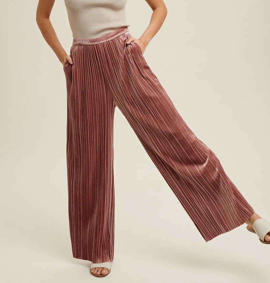 Rose Velvet Pleated Wide Leg Pants