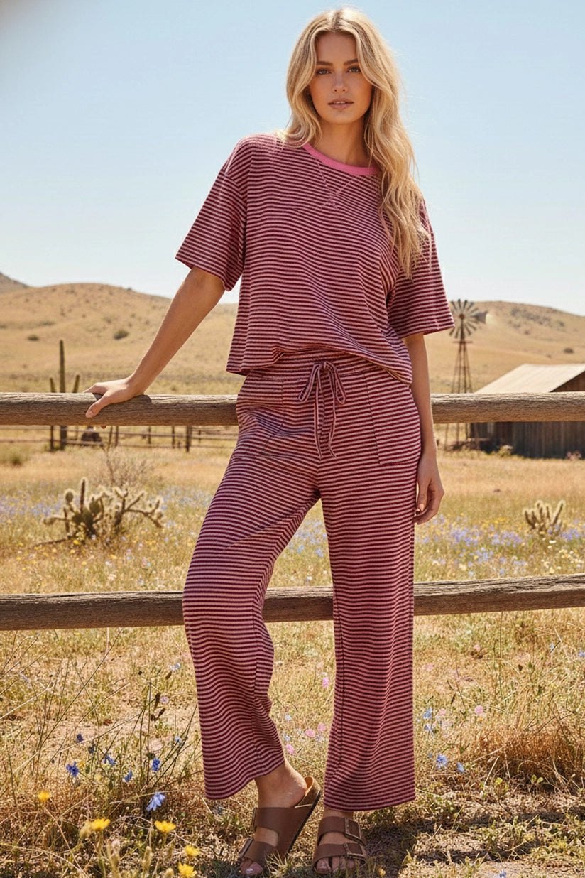 Striped Knit Pant Set in Pink and Brown