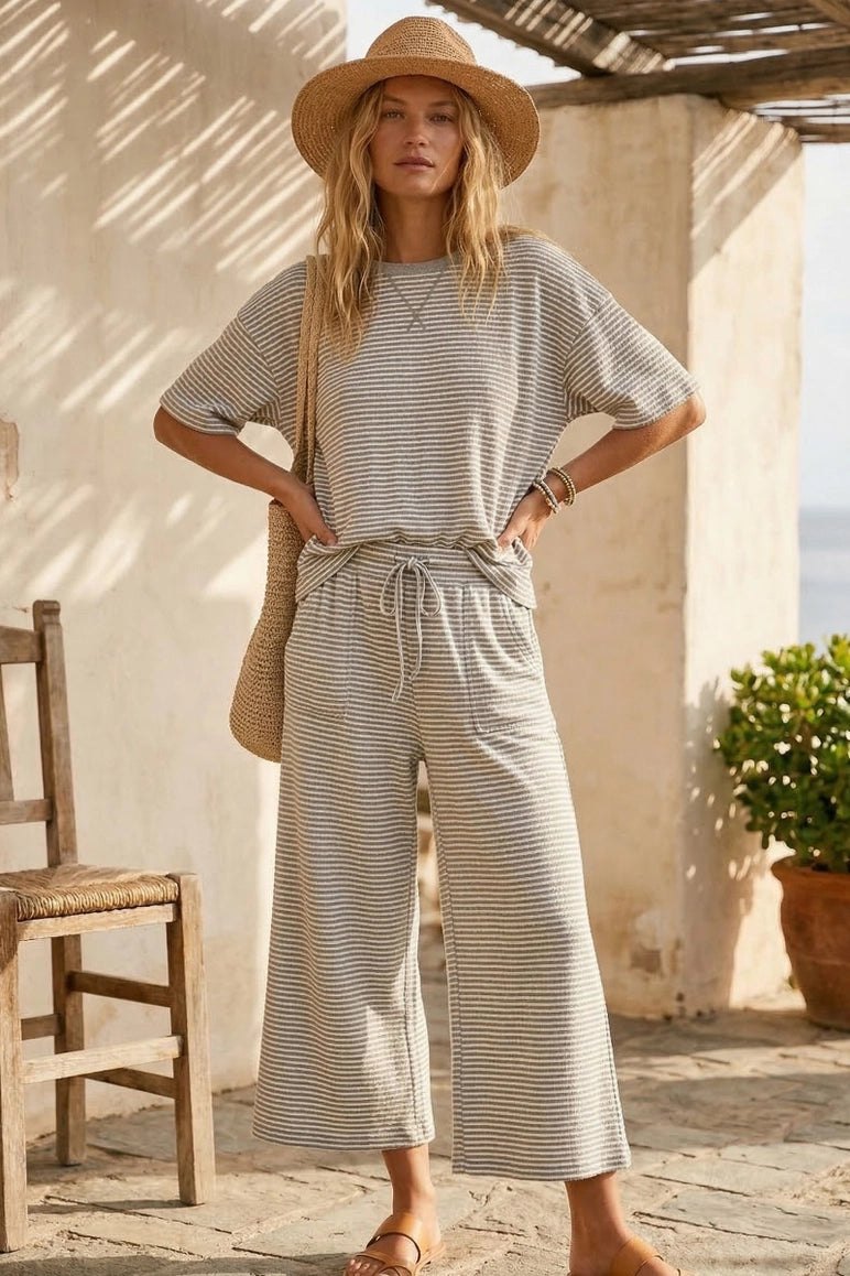Striped Knit Pant set in Heather Gray and White, alternate view