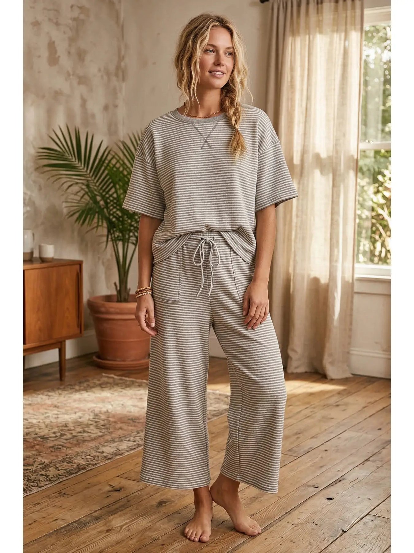 Striped Knit Pant set in Heather Gray and White, thumbnail 4