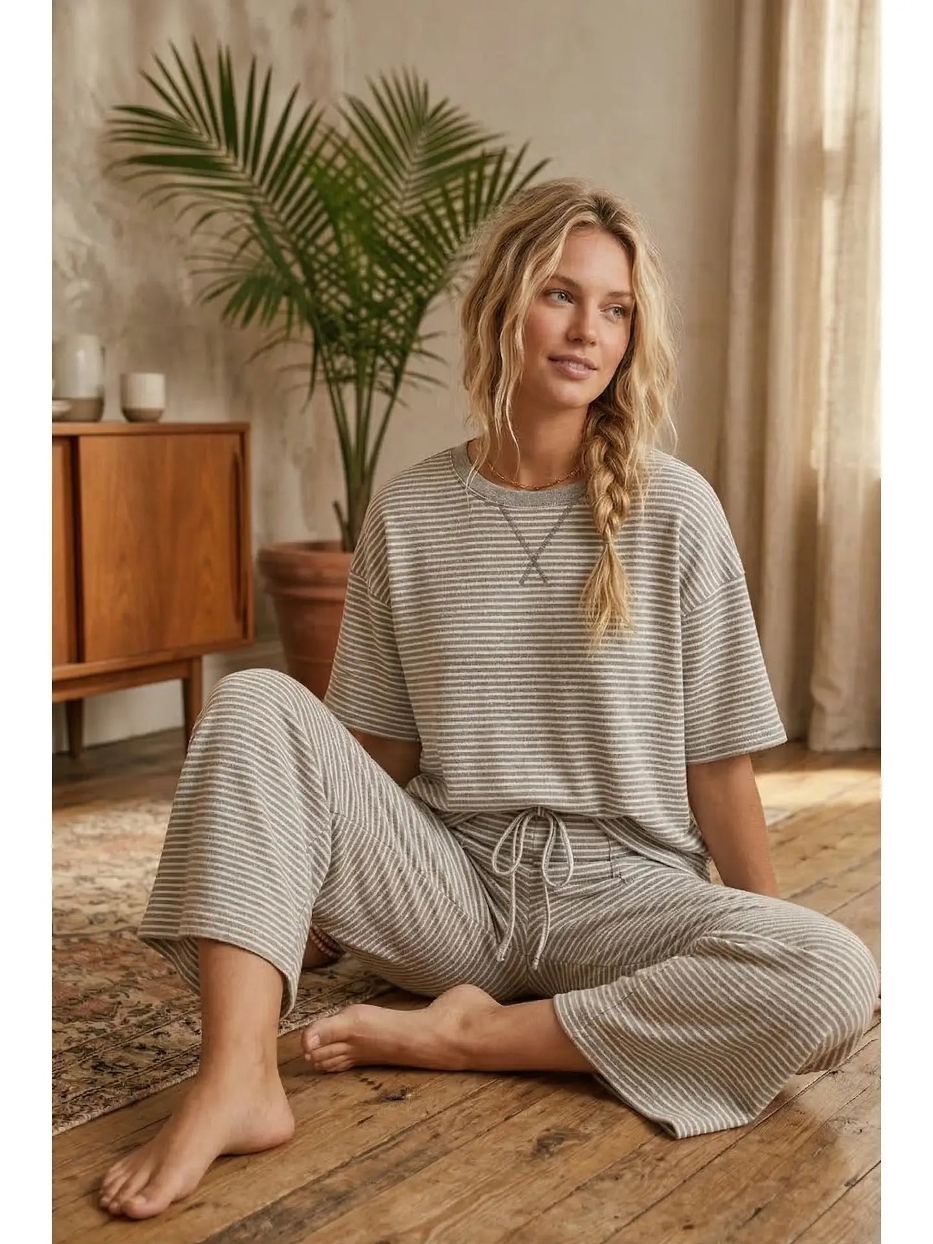 Striped Knit Pant set in Heather Gray and White, thumbnail 5
