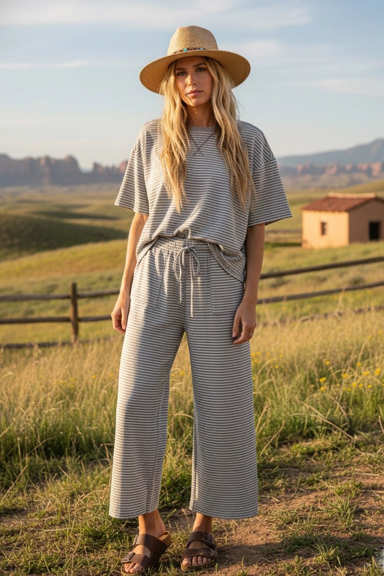 Striped Knit Pant set in Heather Gray and White, thumbnail 6