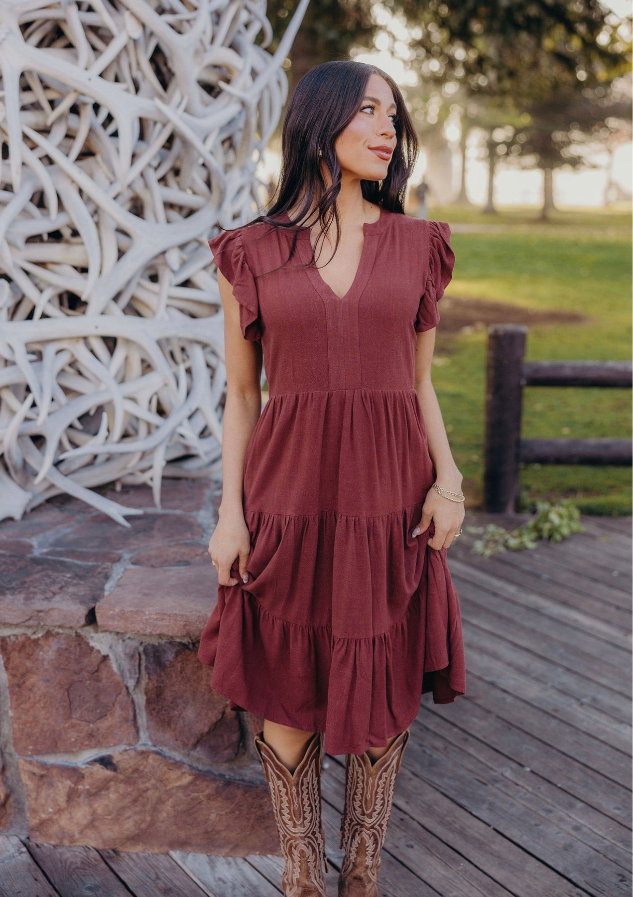 Tara Tiered Midi Dress in Burgundy