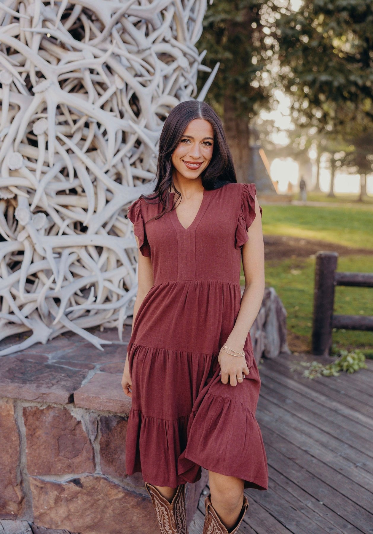 Tara Tiered Midi Dress in Burgundy, alternate view