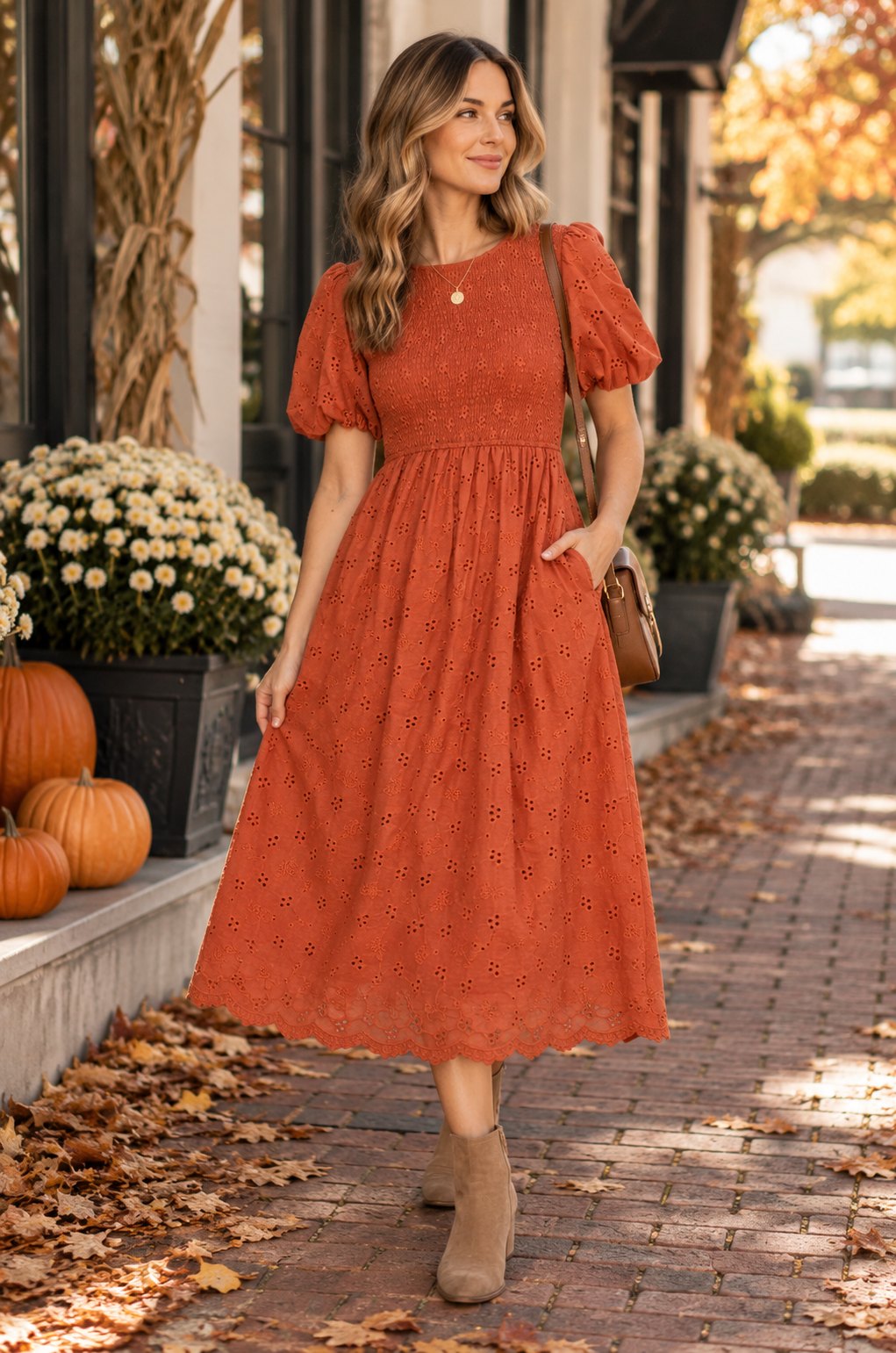 Terri Terracotta Eyelet Midi Dress