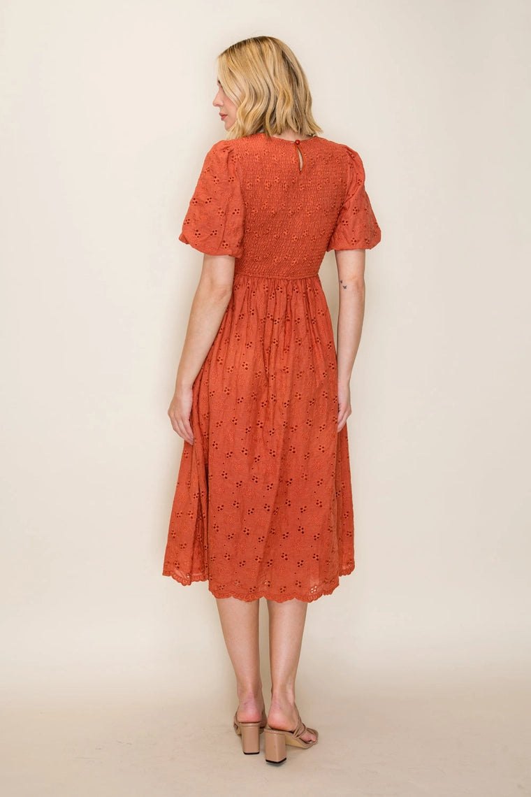 Terri Terracotta Eyelet Midi Dress, thumbnail 3
