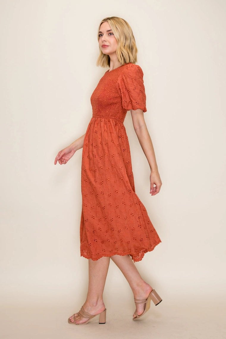Terri Terracotta Eyelet Midi Dress, thumbnail 4