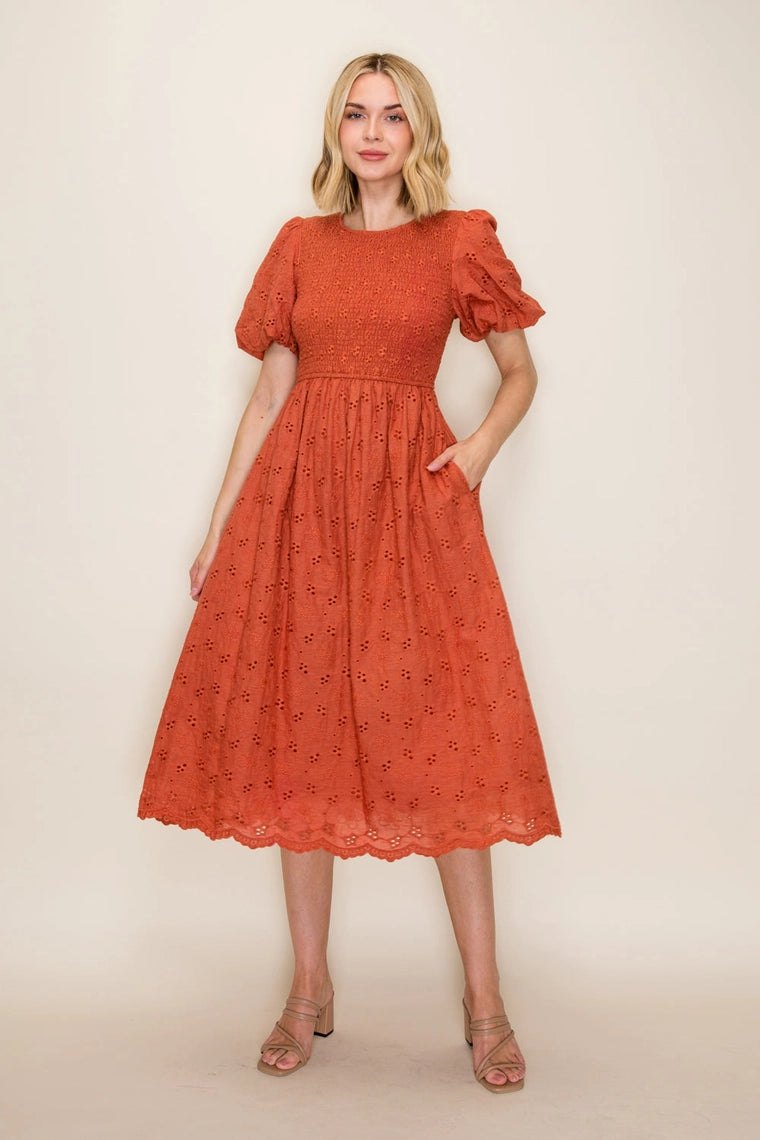 Terri Terracotta Eyelet Midi Dress, thumbnail 8