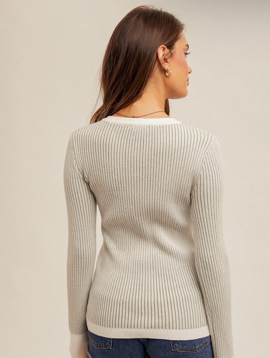 Two Tone Ribbed Knit Henley Top in Grey, thumbnail 4