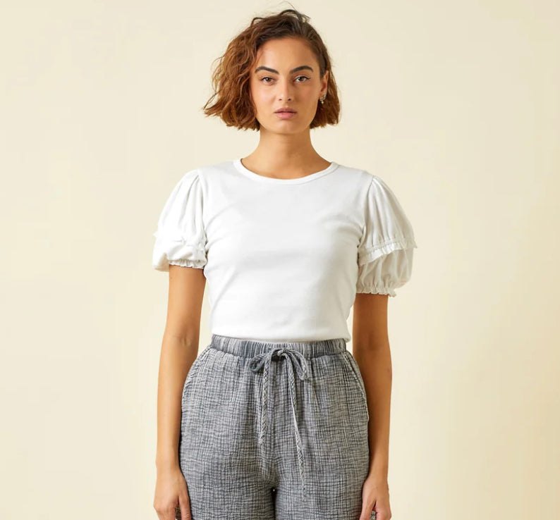 White ruffle sleeve top, alternate view